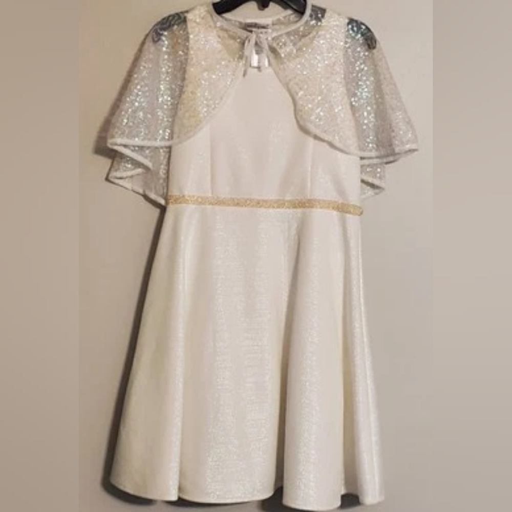 First Communion/FlowerGirl Sleeveless Dress W/Cape,Ivory Sz14